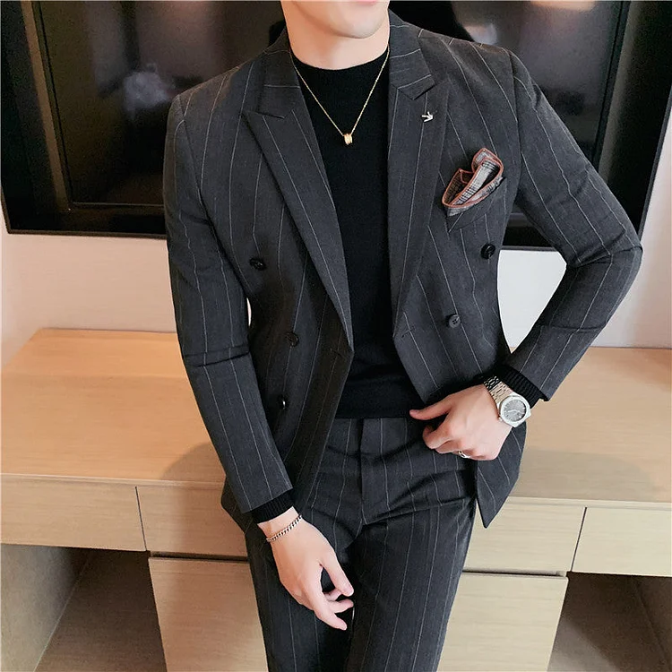 Double Brewed Seersucker Suit Fall Winter Men's Suit Fashionable Wide Stripes