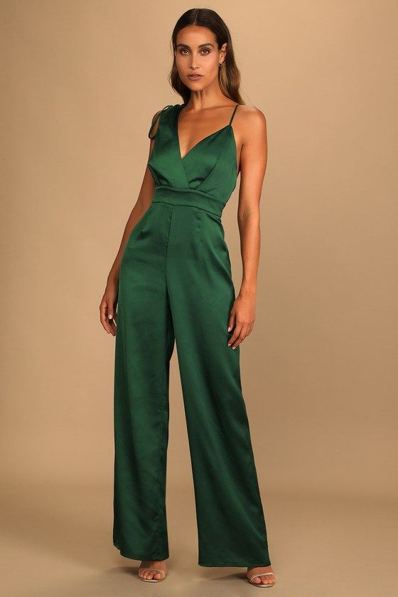 Look of Luxe Emerald Green Satin Asymmetrical Wide-Leg Jumpsuit | Risias