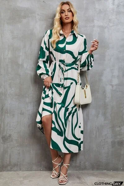 Tie-Waist Printed Button Up Dress