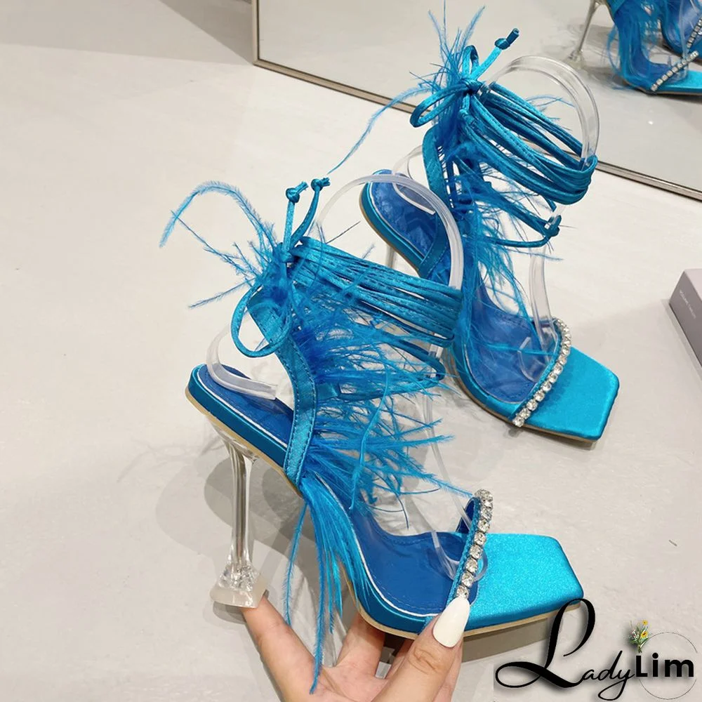 High-heeled Rhinestone Feather Sandals