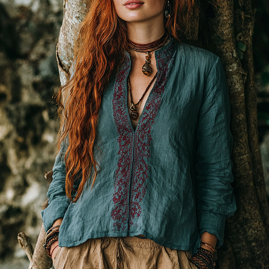 Women's Bohemian Vacation Retro Embroidered Printed Casual Long Sleeve Top