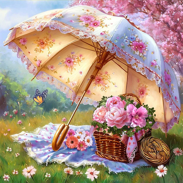 Flowers Parasol 50*50CM (Canvas) Full Round Drill Diamond Painting gbfke