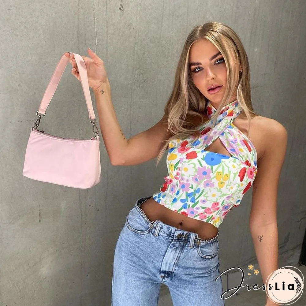 Summer Floral Print Halter Neck Crop Top Women Casual Off Shoulder Backless Mesh Beach Sleeveless Tank Tops Sexy