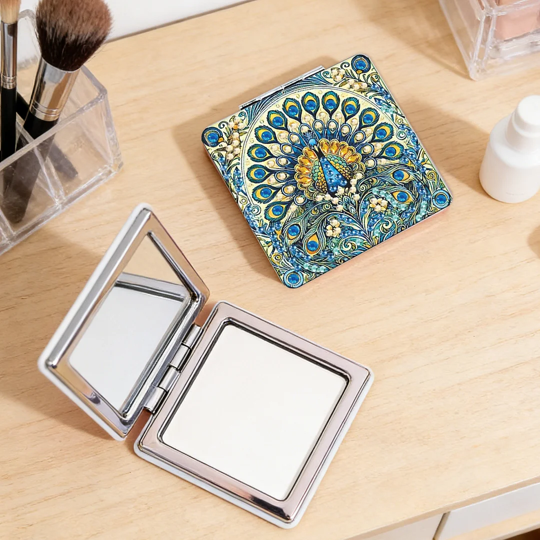 Blue Peacock DIY Special Shaped Diamond Painting Compact Mirror Kits Diamond Art Painting Pocket Mirror for Adults and Beginners