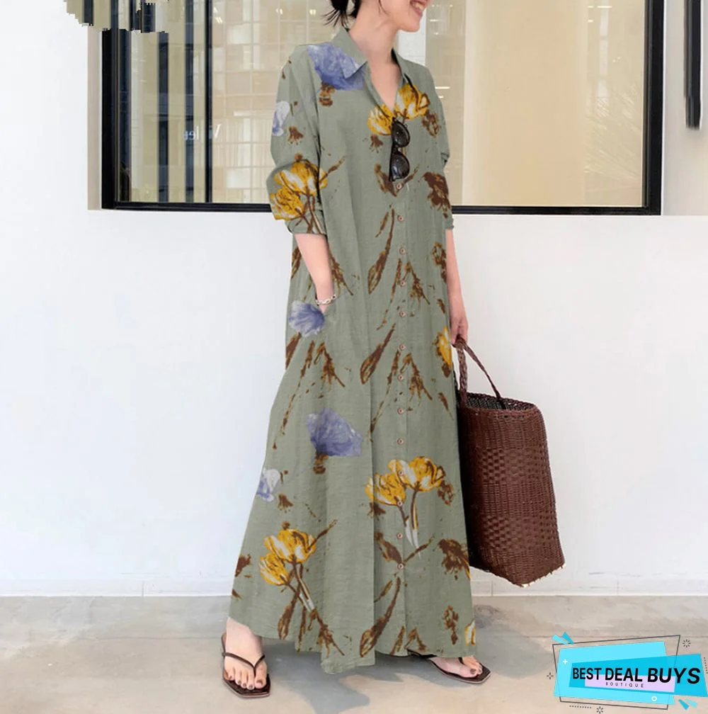 Cotton Linen Decor Lapel Long Sleeve Pocket Simple Loose Casual Long Cardigan Dress