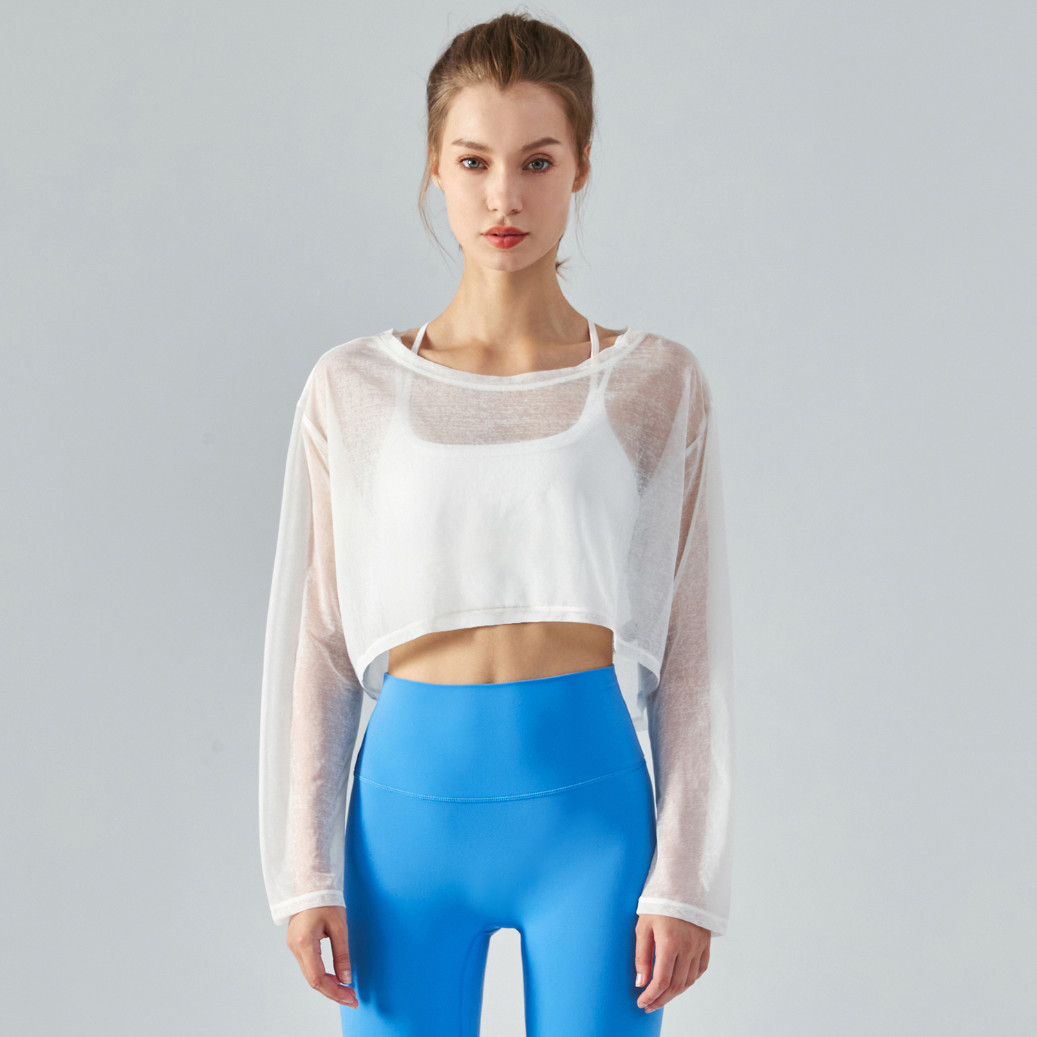 Hergymclothing White moth yarn antistatic yoga smock see through gym t-shirt for sale