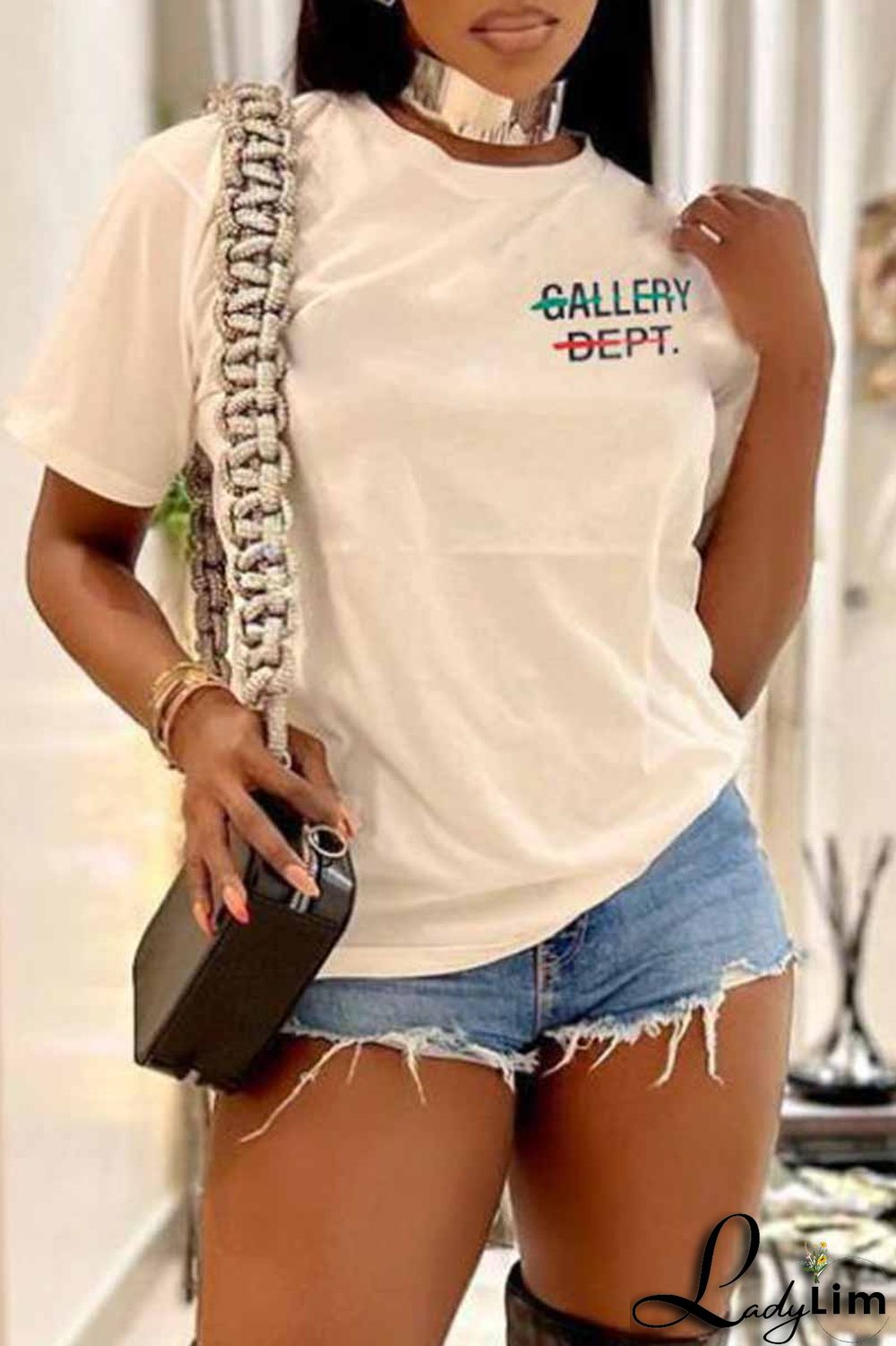 White Casual Print Letter O Neck Plus Size Tops