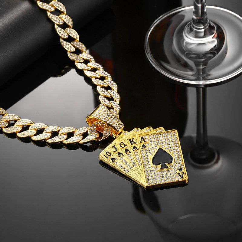 Hip-Hop Poker Alloy Inlay Rhinestones Unisex Pendant Necklace Men Pendant Necklaces
