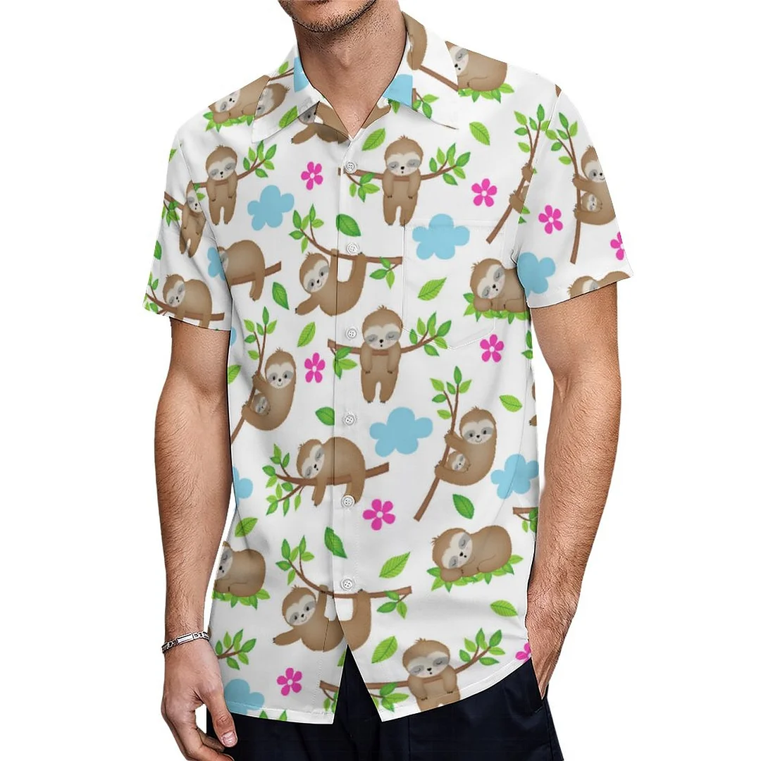 Short Sleeve Baby Sloth Flower Cloud Hawaiian Shirt Mens Button Down Plus Size Tropical Hawaii Beach Shirts