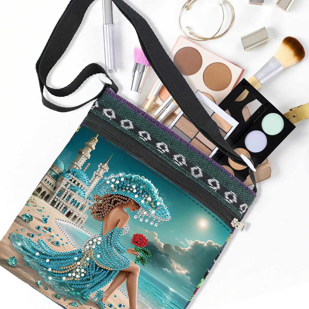 Beach Lady DIY Canvas Diamond Art Painting Crossbody Bag Ethnic Style Crystal Rhinestone Art Handbag with Adjustable Strap for Adults Beginners Shopping Gift
