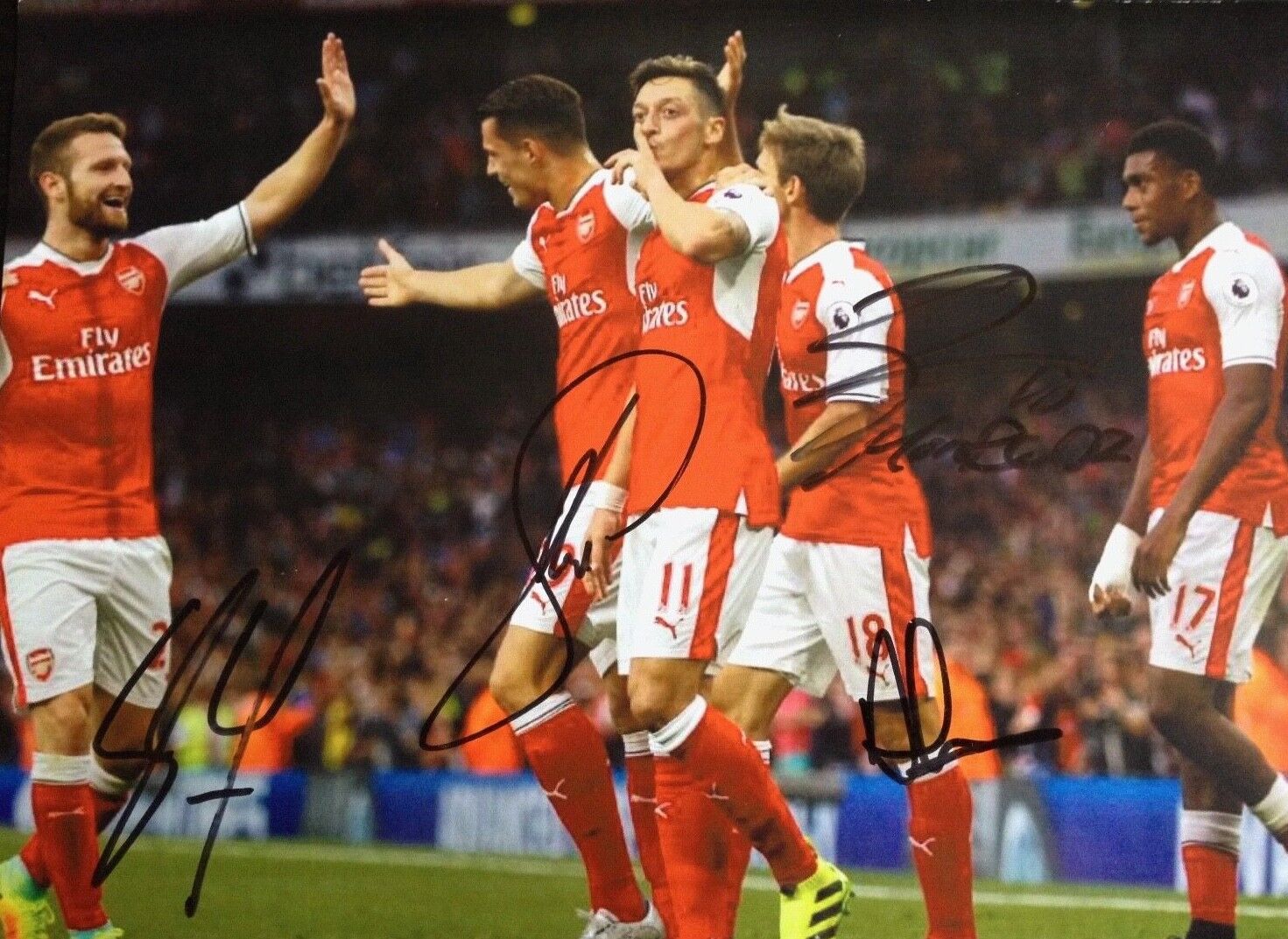 IWOBI / MONREAL / XHAKA / MUSTAFI - ARSENAL FOOTBALLERS - SIGNED COLOUR Photo Poster painting