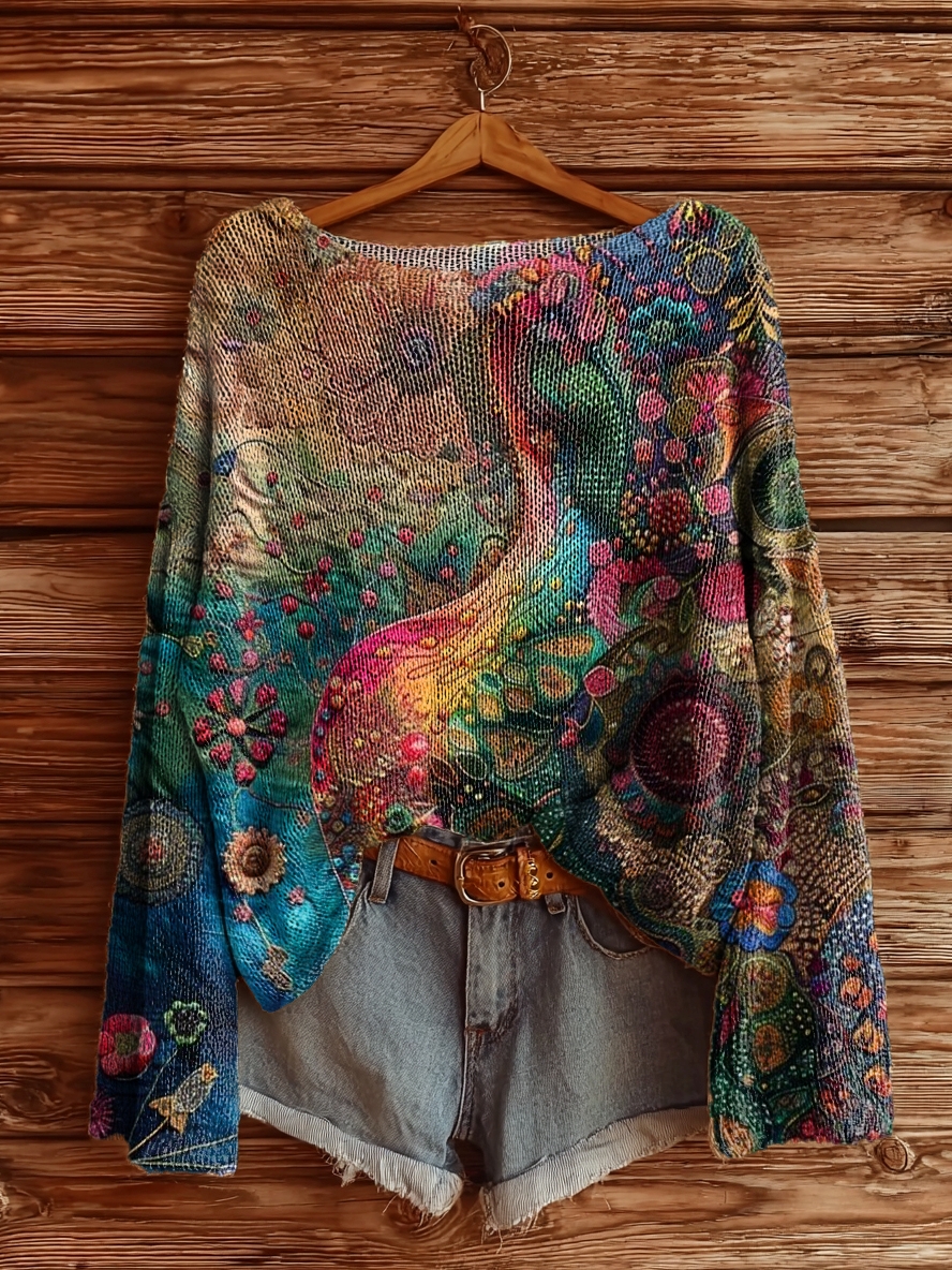 Women's Colorful Ethnic Flowers Print Casual Pullover Sweater