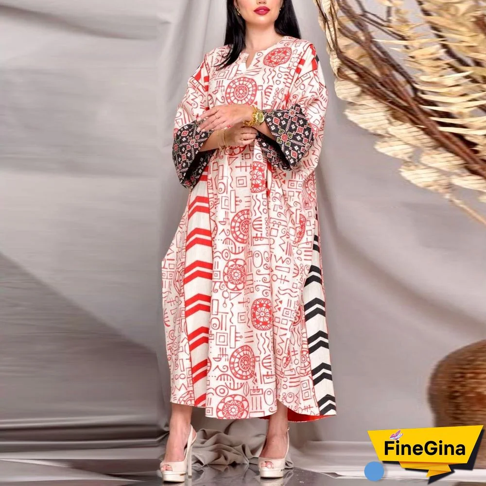 Red Geometric Figure Black Pattern Sleeve Kaftan