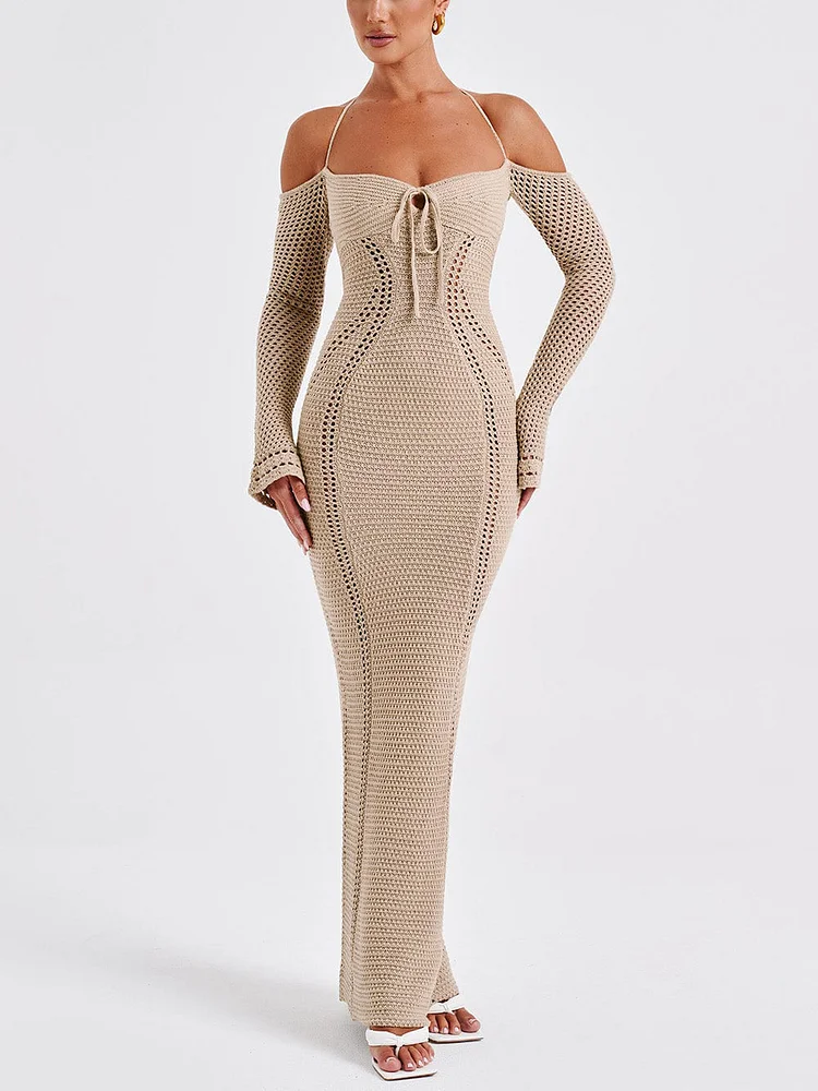 Sexy Backless Suspender Slim Hollow Long Sleeve Dress