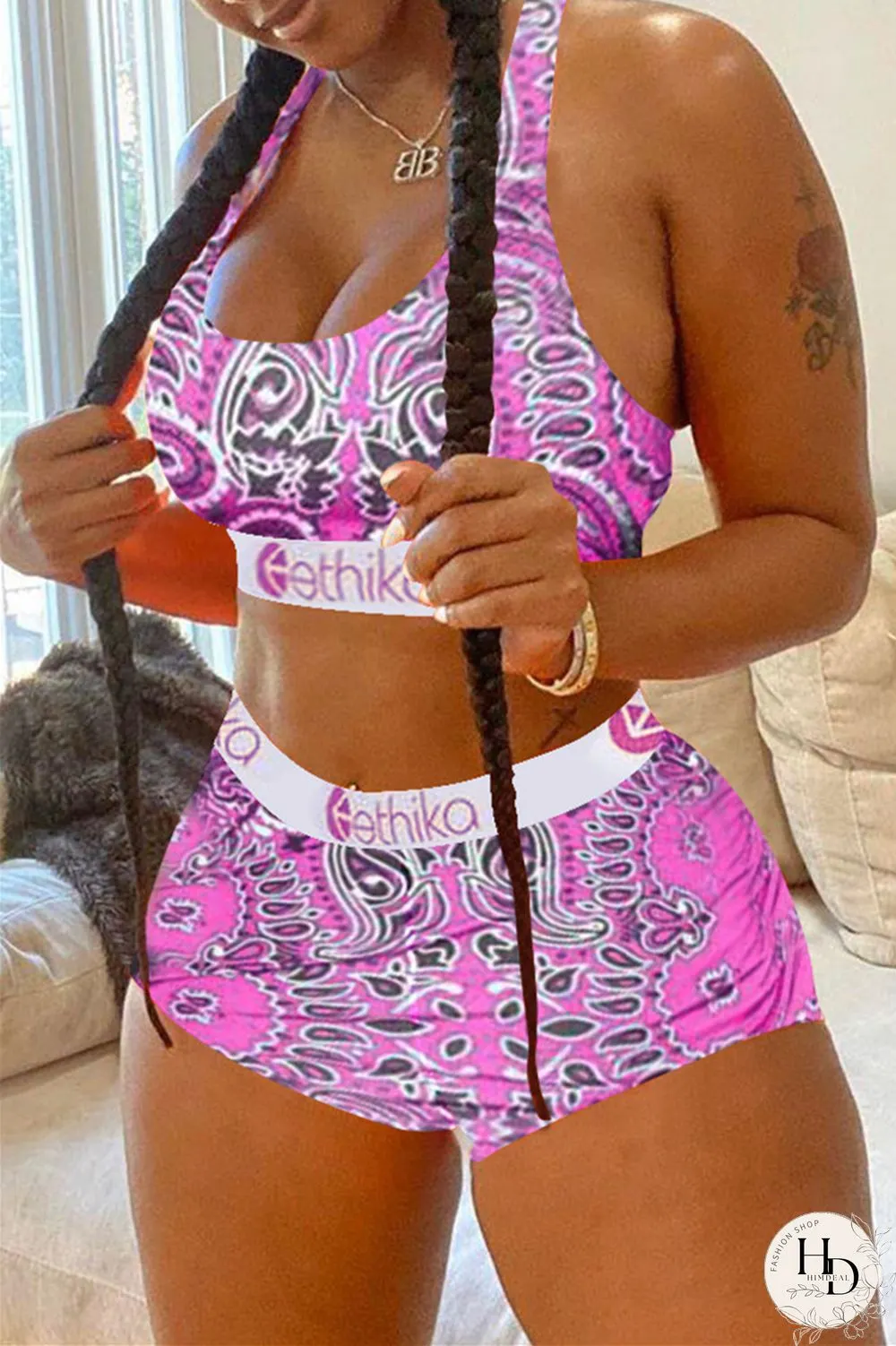 Colour Casual Sportswear Print Vests U Neck Sleeveless Two Pieces