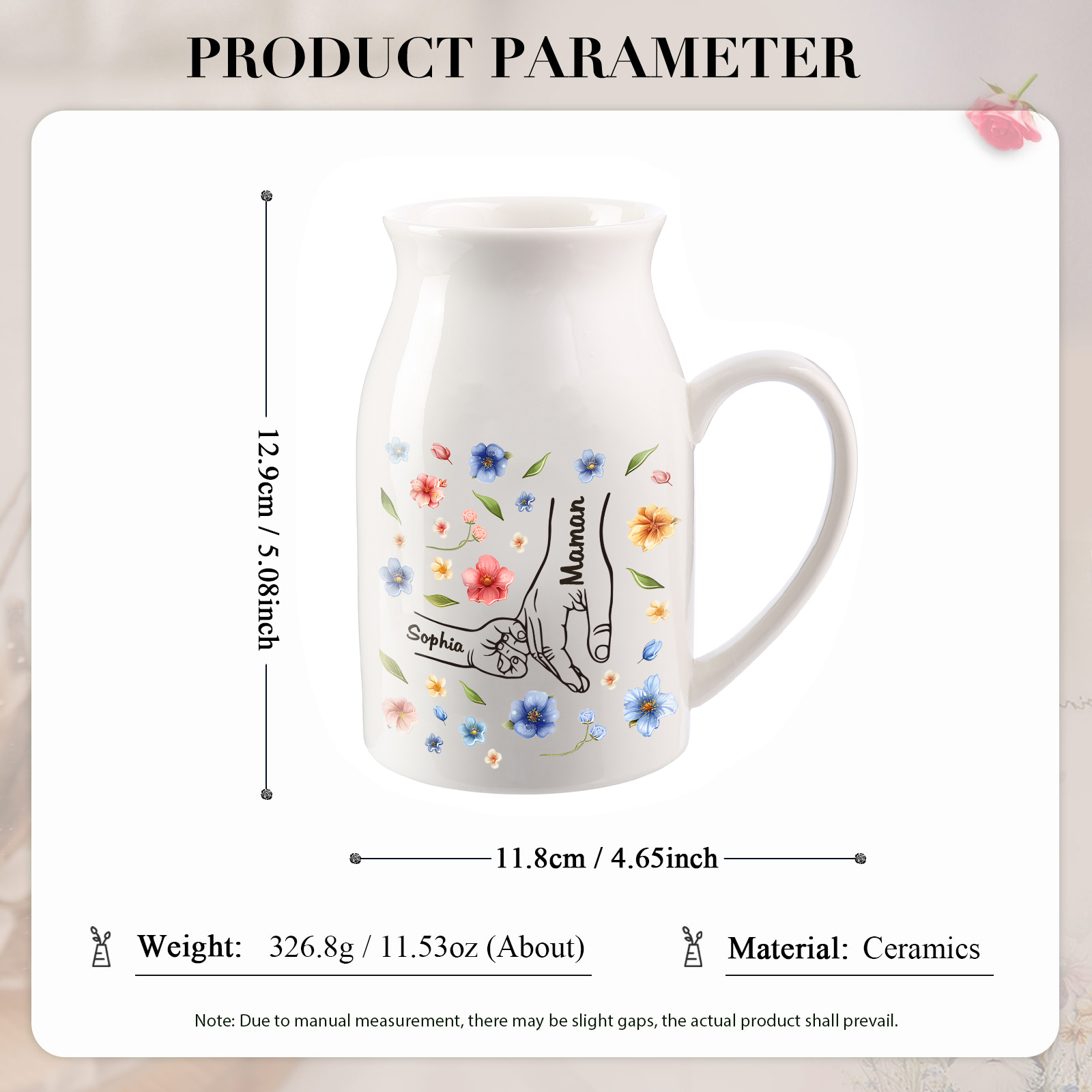 Vaso di ceramica con mano nella mano 2 nomi personalizzati per mamma/nonna