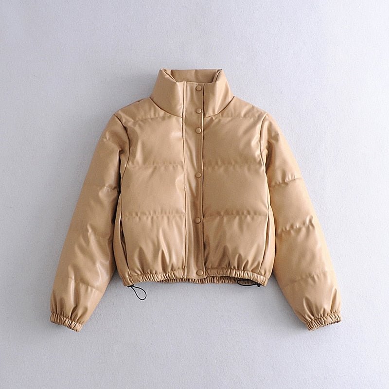 Ailegogo New Women Autumn Winter Faux Leather Cotton Coat Stand Collar Zipper Loose Warm Short Parka Streetwear Black Jacket