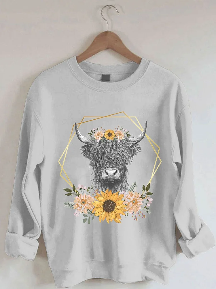 Women's Floral Highland Cow Casual Print Sweatshirt socialshop