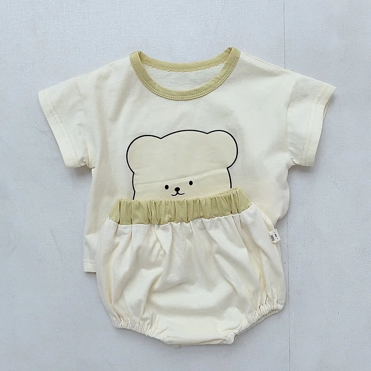 Baby Boy/Girl Summer Bear Print Contrast Color T-shirt and Shorts Set