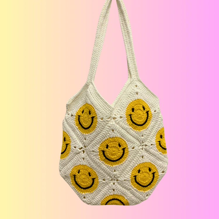 Lulusnow Handmade White Smiley Faces Crochet Shoulder Bag 