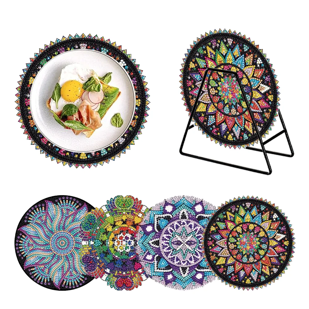 4 PCS DIY Datura Wooden Diamond Painted Placemats with Holder