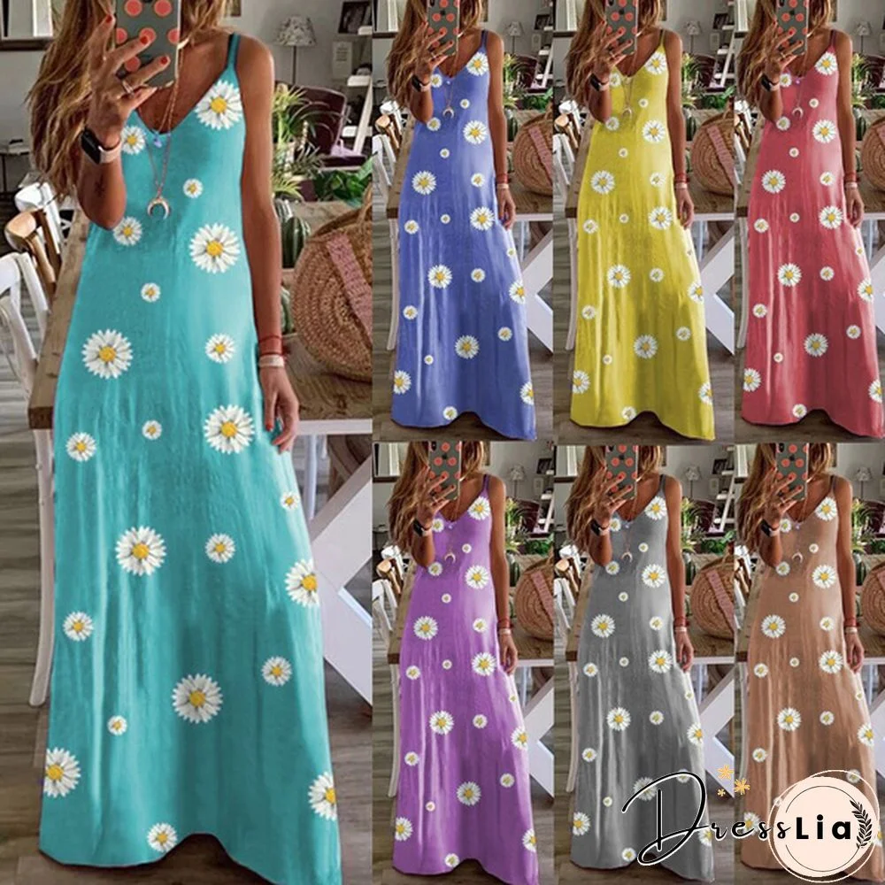 Bohemian Women Small Daisies Printed Sleeveless Dresses Summer Causal V Neck Spaghetti Strap Long Maxi Dresses Plus Size XS-5XL