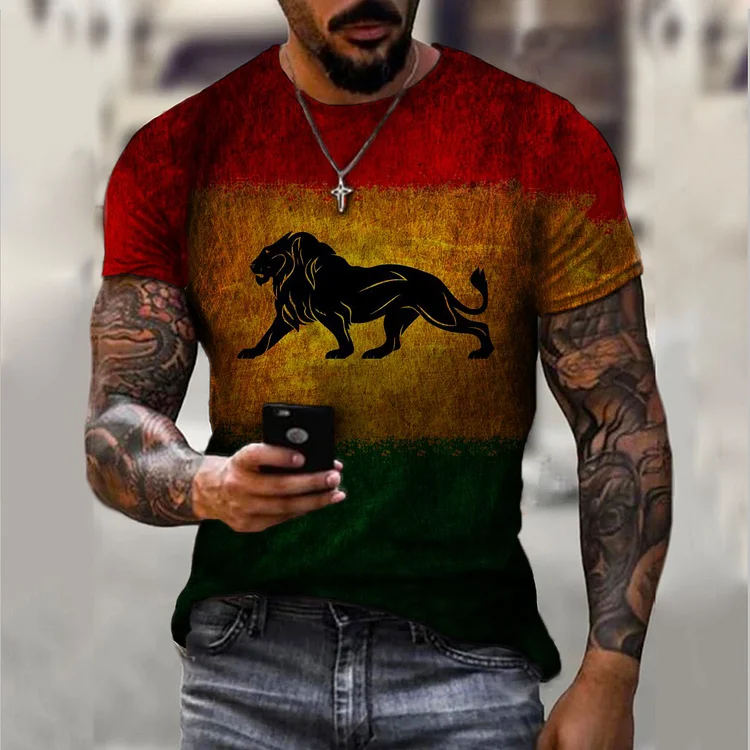 BrosWear Animal Color-Block Lion Print Round Neck Pullover T-Shirt
