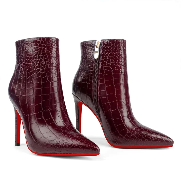 90mm Women's Ankle Boots Middle Heels Pointed Toe Stiletto Red Bottom Croc Boots-MERUMOTE