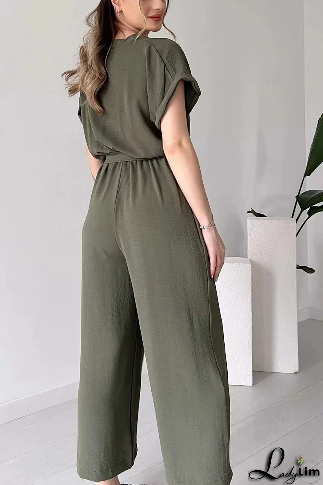 Short Sleeve Single-breasted Waisted Jumpsuits