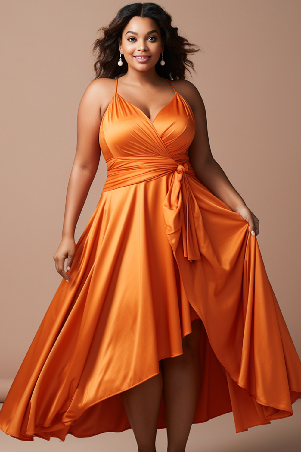 Flycurvy Plus Size Bridesmaid Orange Satin Wrap Tunic High Low Hem Cami Tea-Length Dress