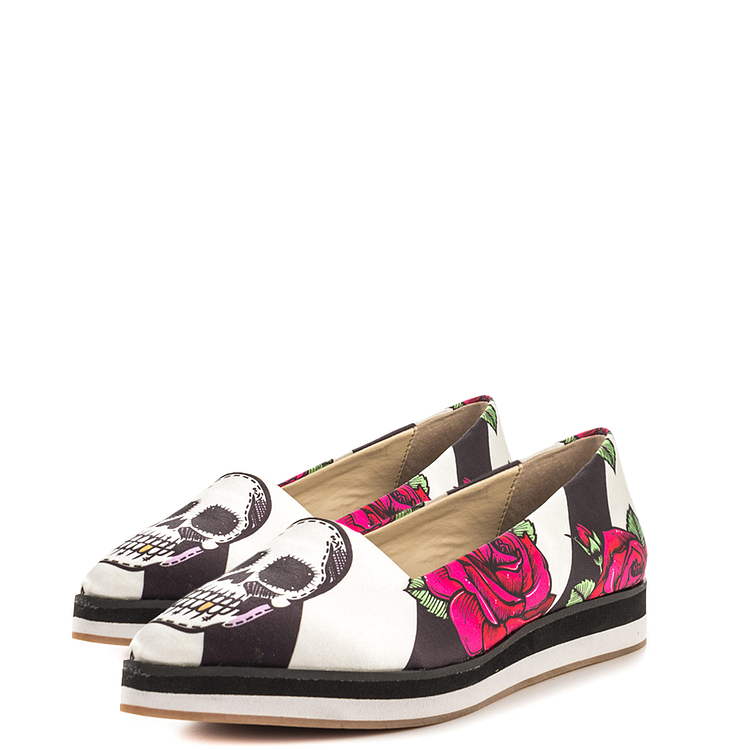 Black and White Floral and Skull Printed Casual Shoes for Women |FSJ Shoes