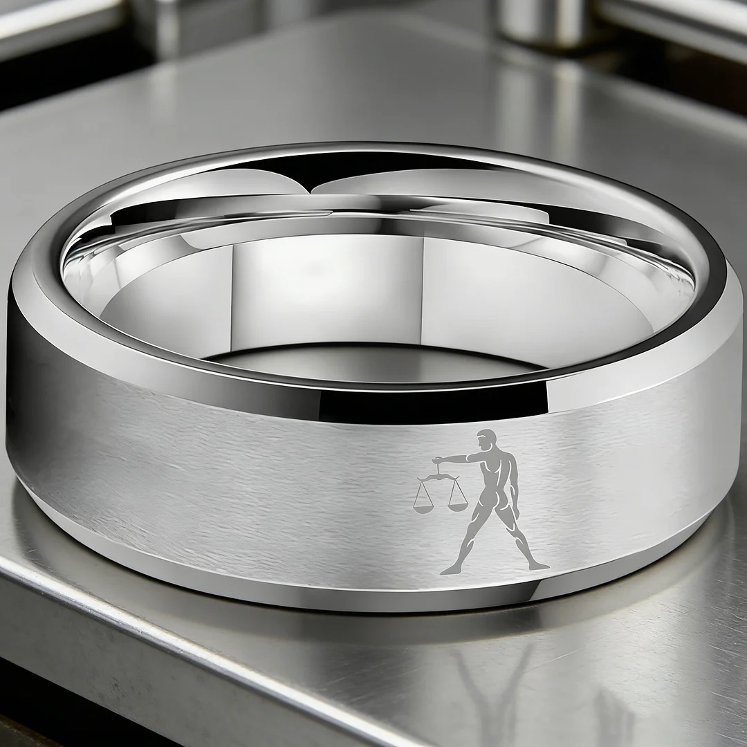 Beveled Edges Sliver Laser Etched Couple Wedding Bands Sliver Libra Tungsten Carbide Rings 4MM 6MM 8MM