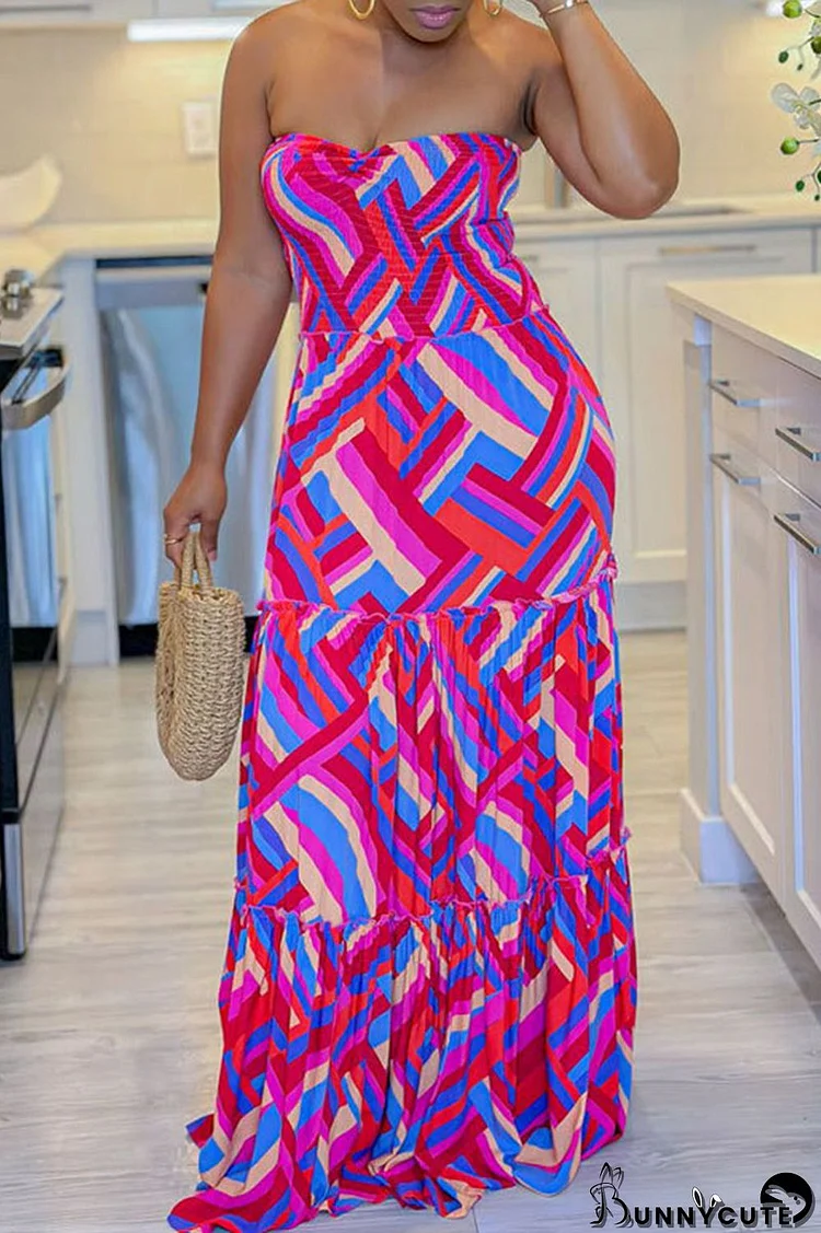 Pink Purple Vacation Print Patchwork Strapless Straight Dresses