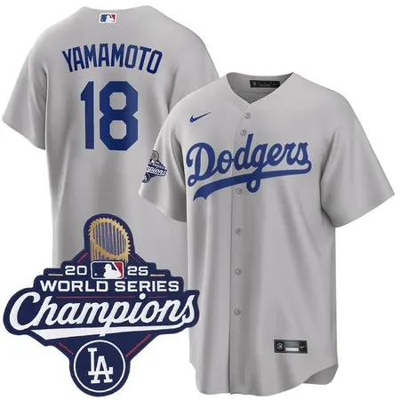 Men's Los Angeles Dodgers #18 Yoshinobu Yamamoto  Gray 2025 World Series Champions Home Replica Jersey
