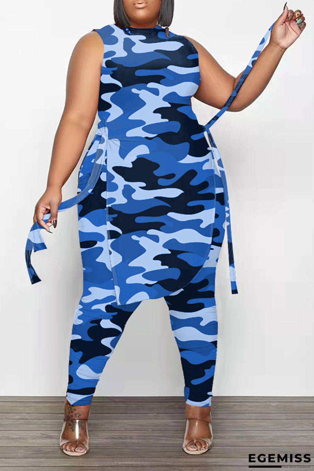 Blue Fashion Camouflage Print Patchwork O Neck Plus Size Two Pieces | EGEMISS