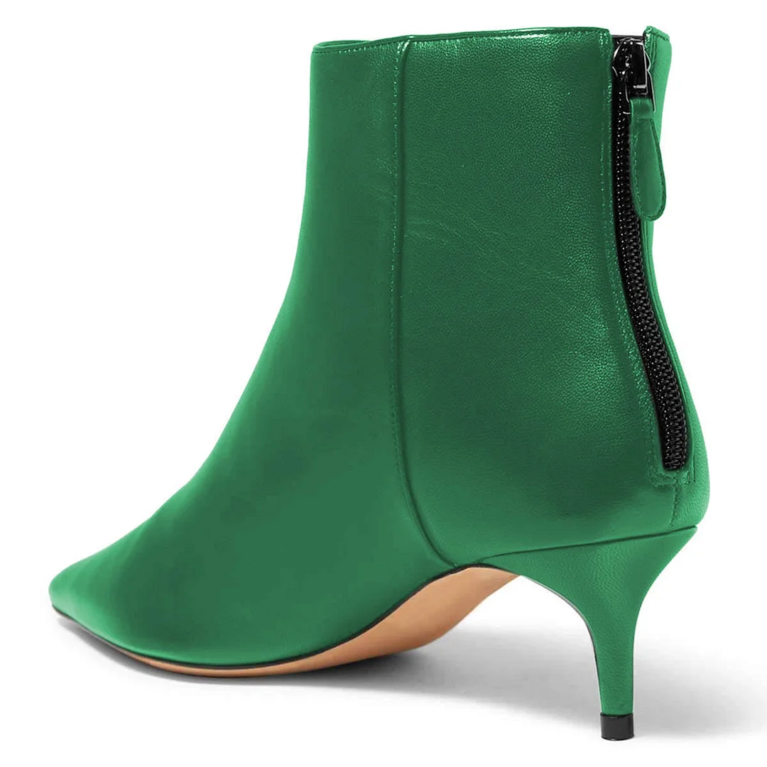 Green Vegan Leather Pointed Toe Kitten Heel Ankle Boots with Zipper