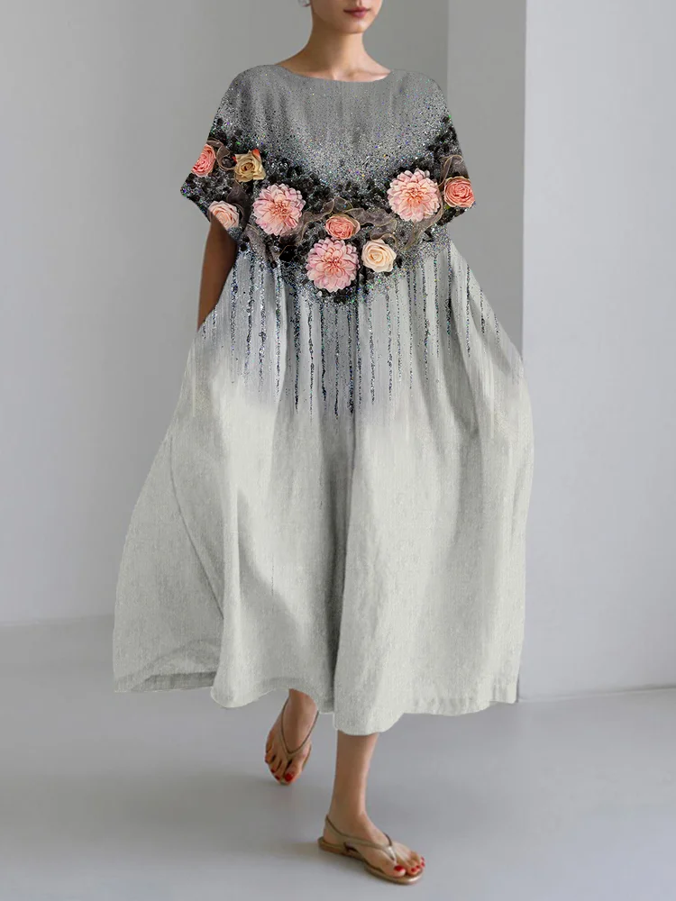 Glitter Floral Art Painting Linen Blend Maxi Dress