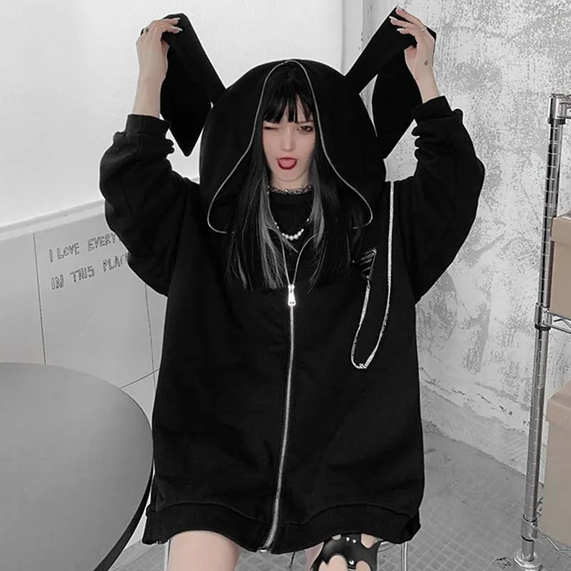 Zipper Cartoon Bunny Ears Hooded Coat