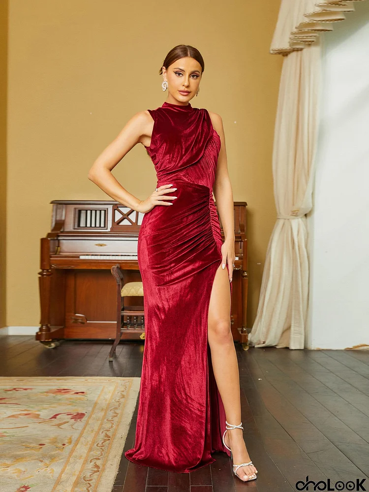 Sleeveless Stand Collar Ruched Velvet Wine Prom Dress RH30617