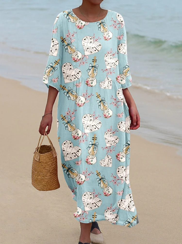 Womens Music World Love Pattern Pocket Cotton Dress