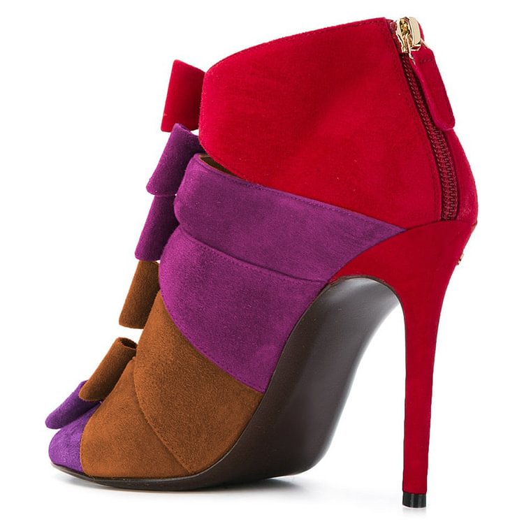 Purple and Tan Suede Multi Bows Peep toe Stiletto Heel Summer Boots |FSJ Shoes
