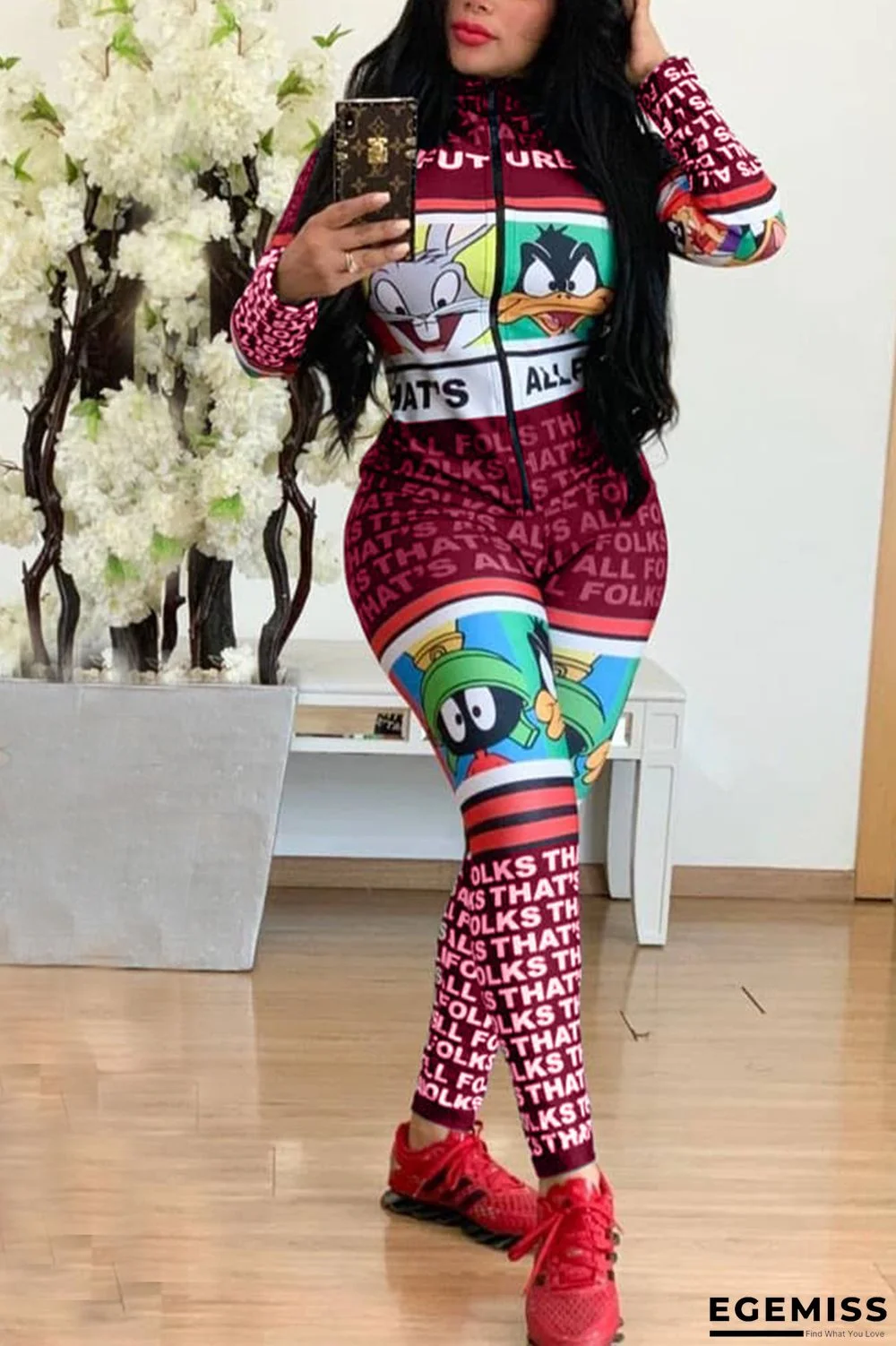 Wine Red Sexy Fashion Print zipper letter Long Sleeve O Neck | EGEMISS