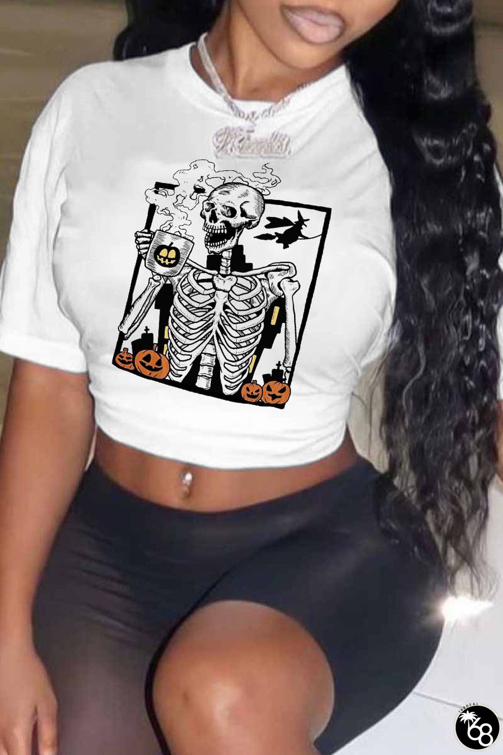 White Casual Street Print Skull Patchwork O Neck T-Shirts | 168DEAL