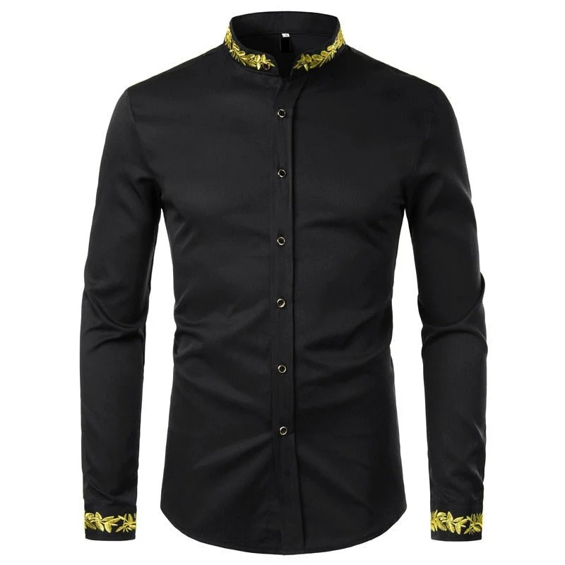 Inongge Black Gold Embroidery Shirt Men Spring New Mens Dress Shirts Stand Collar Button Up Shirts Chemise Homme Camisa Masculina