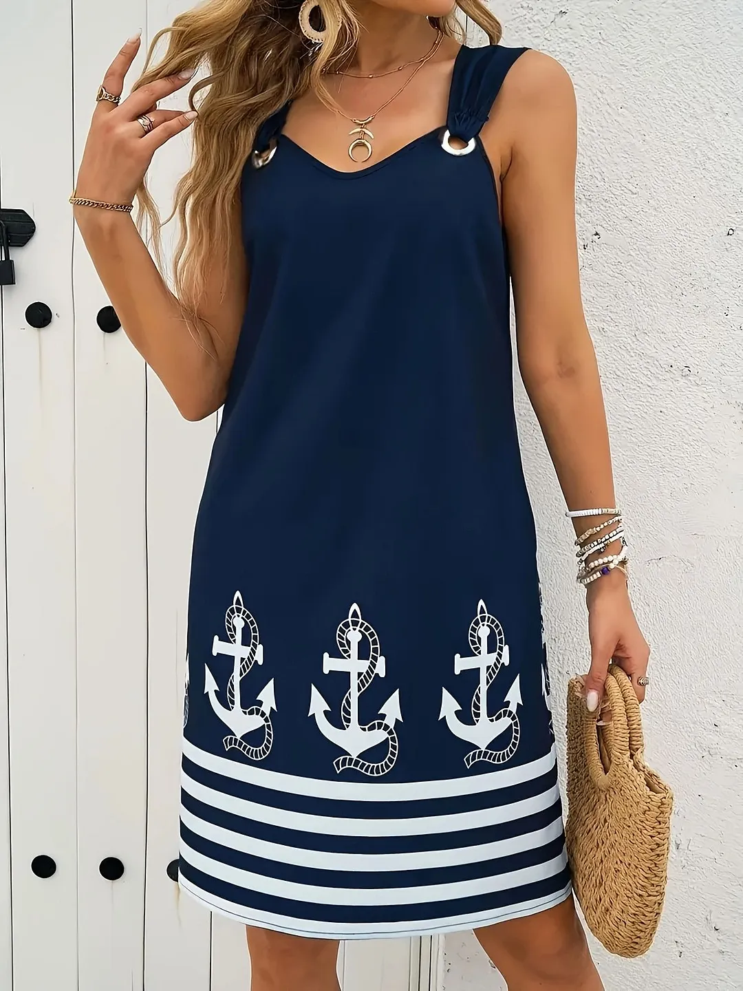 Nautical Anchor Print Ring Detail Strap Sleeveless Casual Swing Mini Dress