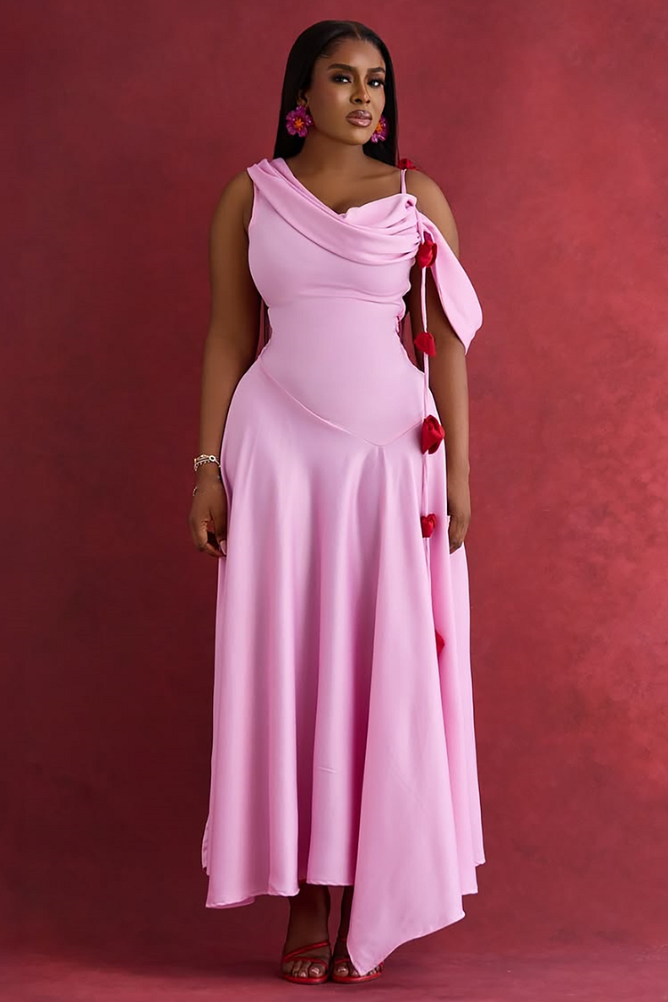 Drop Shoulder Asymmetrical Straps 3D Flower Decor Cinch Waist Maxi Dresses-Pink