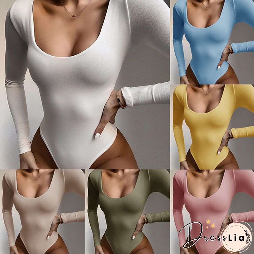 Rompers Women Jumpsuit Sexy Long Sleeve U Neck Solid Color Skinny Jumpsuits Playsuits Bodysuit for Women 6 Colors