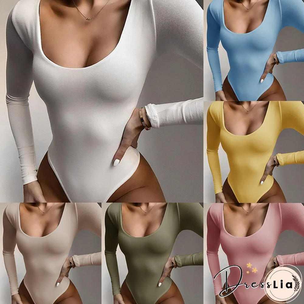 Rompers Women Jumpsuit Sexy Long Sleeve U Neck Solid Color Skinny Jumpsuits Playsuits Bodysuit for Women 6 Colors
