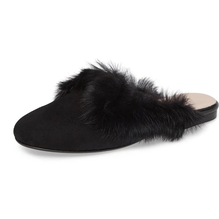 Black Vegan Suede Round Toe Faux Fur Flat Mules for Women |FSJ Shoes