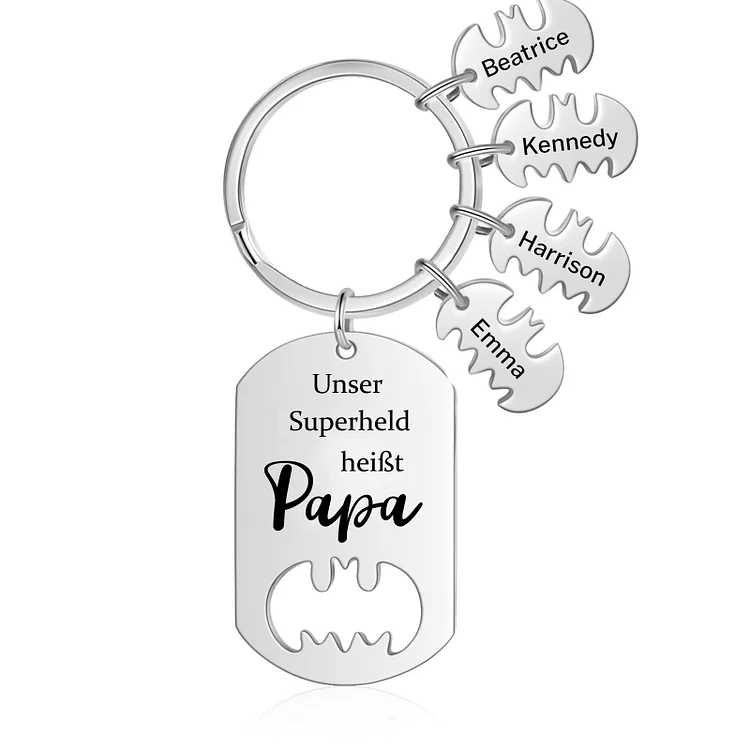 Kettenmachen Personalisierbare 4 Namen Unser Superheld heißt Papa Batman Schlüsselanhänger-Geschenk mit Nachrichtenkarte